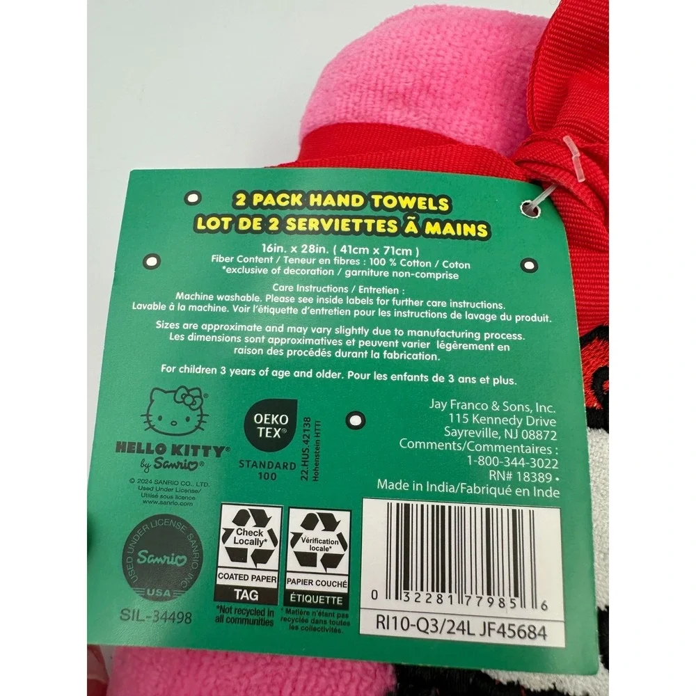 2 Pack HELLO KITTY Pink Hand Towels Christmas Holiday Stocking Embroidered NEW